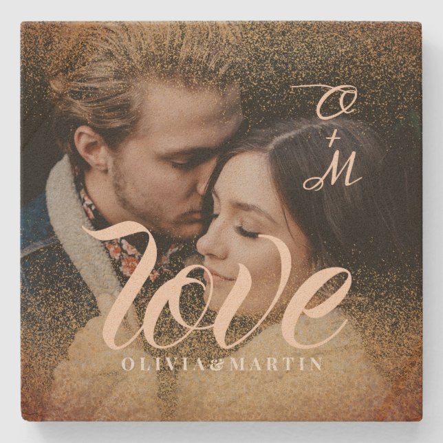 Custom Gold Glitter Couple Photo Monogrammed Stone Coaster (Front)