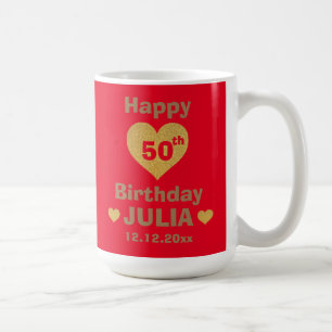 Custom Gold Glitter Heart Happy 50th Birthday Red Coffee Mug