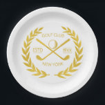 Custom Gold Golf Club Elegant Minimal Modern  Paper Plate<br><div class="desc">Custom gold golf club paper plates in elegant, modern, minimalist, chic design. Personalised golf club paper plates with laurel wreath, two crossed golf clubs, and golf ball. Personalised golf driver head cover with your logo, name, text, year, etc. Elegant gold golf club paper plates personalised gift for golf club, golfer,...</div>