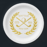 Custom Gold Golf Club Elegant Minimal Modern  Paper Plate<br><div class="desc">Custom gold golf club paper plates in elegant, modern, minimalist, chic design. Personalised golf club paper plates with laurel wreath, two crossed golf clubs, and golf ball. Personalised golf driver head cover with your logo, name, text, year, etc. Elegant gold golf club paper plates personalised gift for golf club, golfer,...</div>