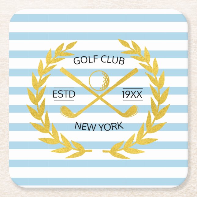 Custom Gold Golf Club Minimal Summer Stripes  Square Paper Coaster (Front)