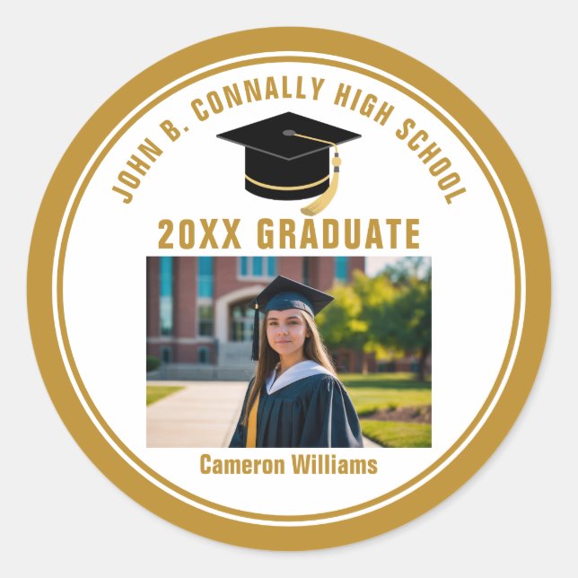 Custom Gold Graduate Photo 2026 Graduation Party Classic Round Sticker (Front)