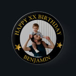 Custom Gold Happy Birthday Photo and Age Name 6 Cm Round Badge<br><div class="desc">Custom Happy Birthday Photo and Age Name</div>