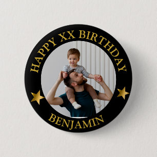 Custom Gold Happy Birthday Photo and Age Name 6 Cm Round Badge