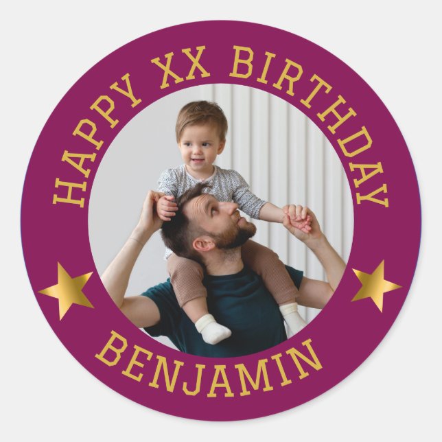Custom Gold Happy Birthday Photo and Age Name Cla Classic Round Sticker (Front)