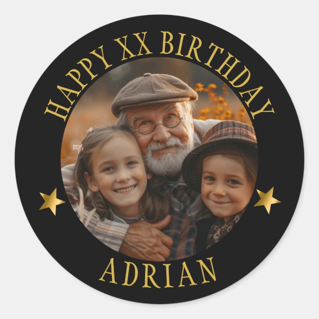  Custom Gold Happy Birthday Photo and Age Name Classic Round Sticker (Front)