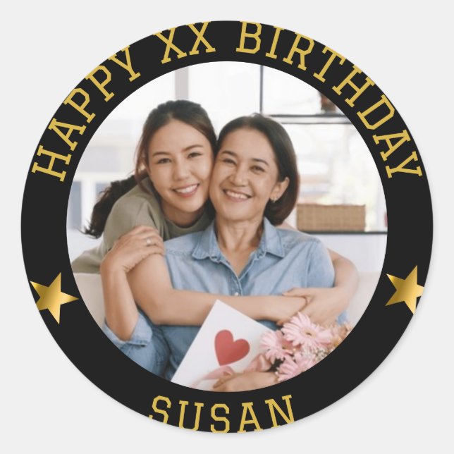  Custom Gold Happy Birthday Photo and Age Name Classic Round Sticker (Front)