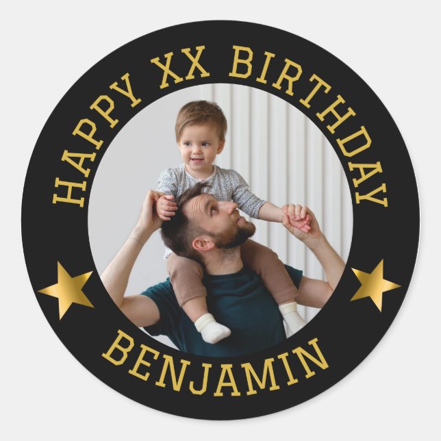  Custom Gold Happy Birthday Photo and Age Name Classic Round Sticker (Front)