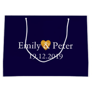 Custom Gold Heart Navy Blue Large Wedding Large Gift Bag