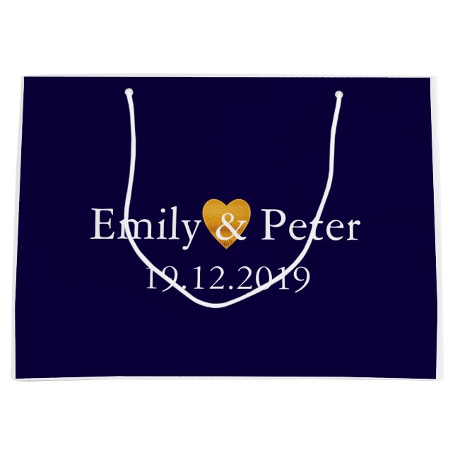 Custom Gold Heart Navy Blue Large Wedding Large Gift Bag (Front)