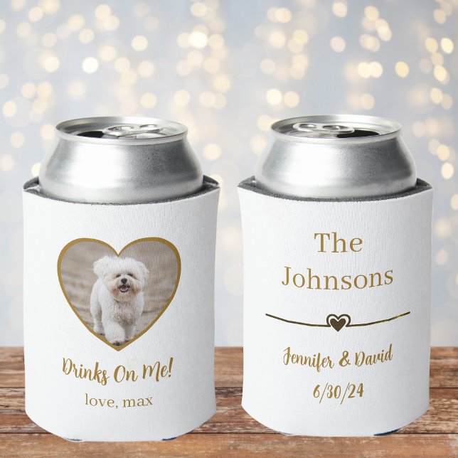 Custom Gold Heart Photo Dog Wedding Can Cooler (Creator Uploaded)