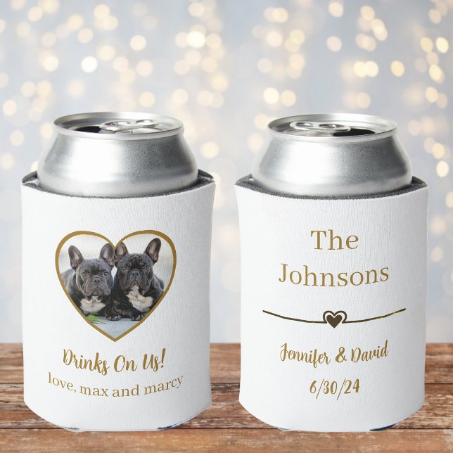Custom Gold Heart Photo Dog Wedding Can Cooler (Creator Uploaded)