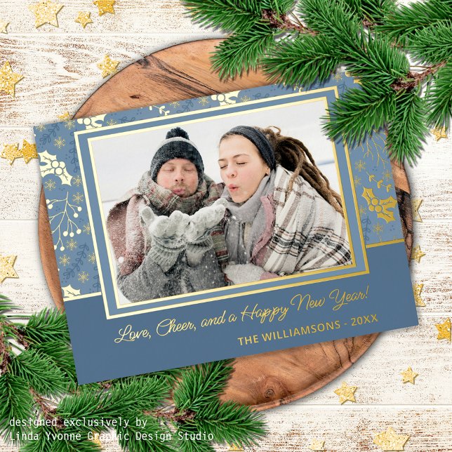 Custom Gold Holly Berry Leaves Snowflakes Pattern Foil Holiday Postcard (Creator Uploaded)