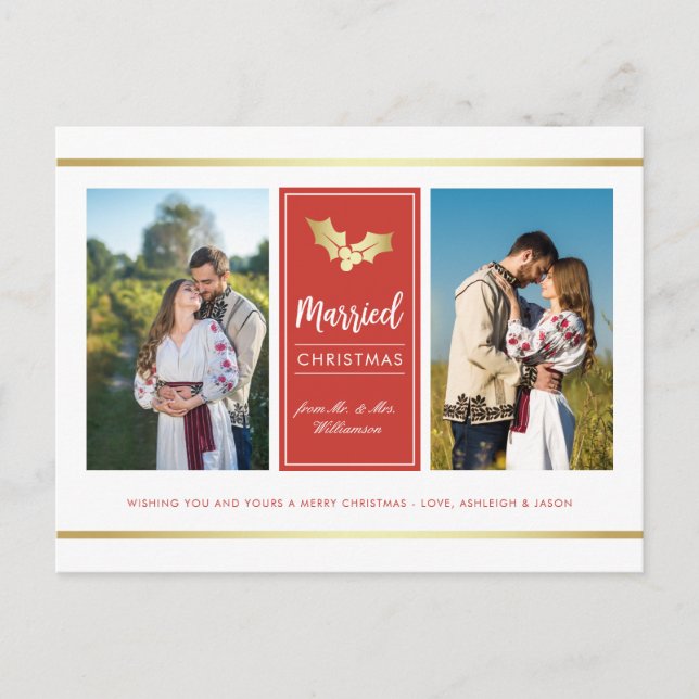Custom Gold Holly Married Christmas Holiday Photo (Front)