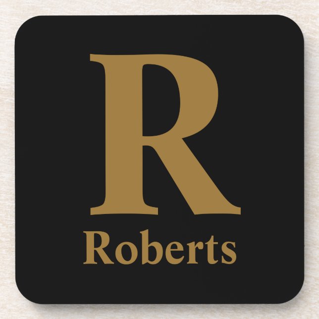 Custom Gold Initial/First/Family Name On Black Coaster (Front)