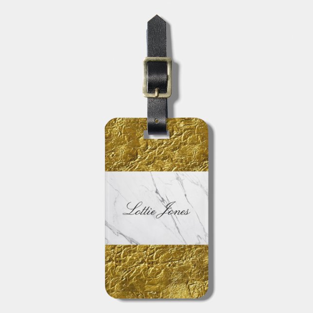Custom Gold Leaf white marble Print luggage tag (Front Vertical)