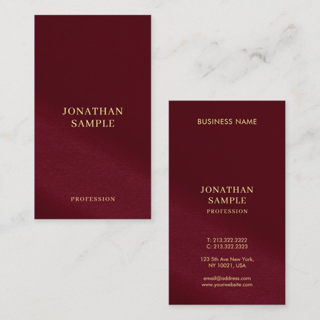 Custom Gold Look Text Burgundy Template Vertical Business Card (Front/Back)