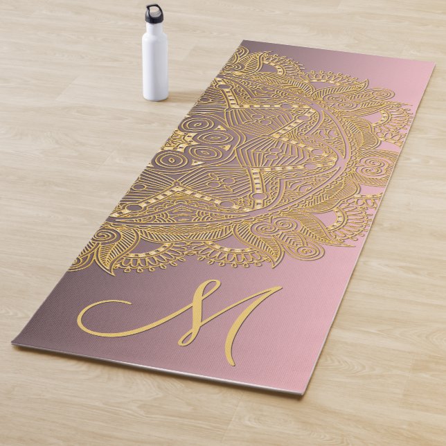 Custom Gold Mandala Art Pattern On Blush Rose Pink Yoga Mat (In Situ)