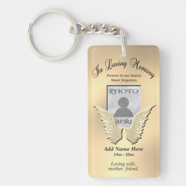 Custom Gold Memorial Angel Wings Add Photo Key Ring (Front)