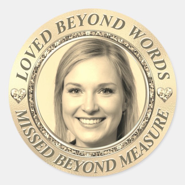 Custom Gold Memorial Photo Classic Round Sticker (Front)