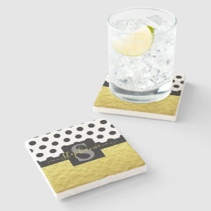 Custom Gold Monogram Black Dots Script Name Stone Coaster