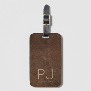 Custom Gold Monogram Rustic Brown Leather Luggage Tag