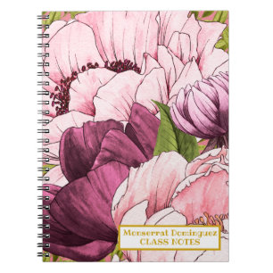 Custom Gold Name Sophisticated Pink Peony Flowers Notebook