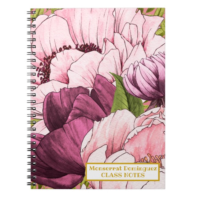 Custom Gold Name Sophisticated Pink Peony Flowers Notebook (Front)