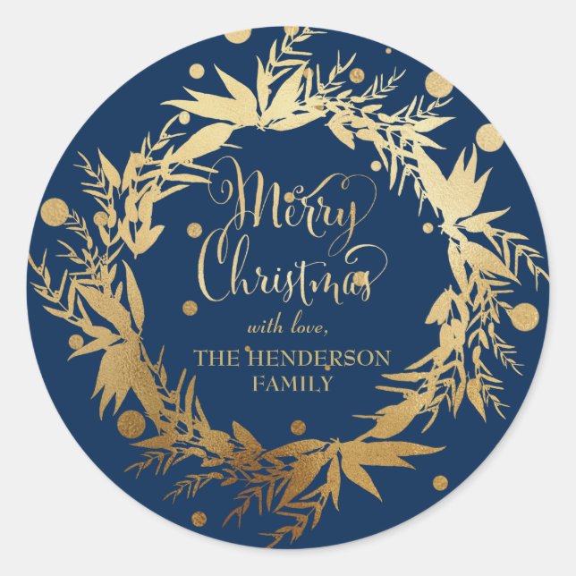 Custom Gold Navy Blue Christmas Eucalyptus Wreath Classic Round Sticker (Front)