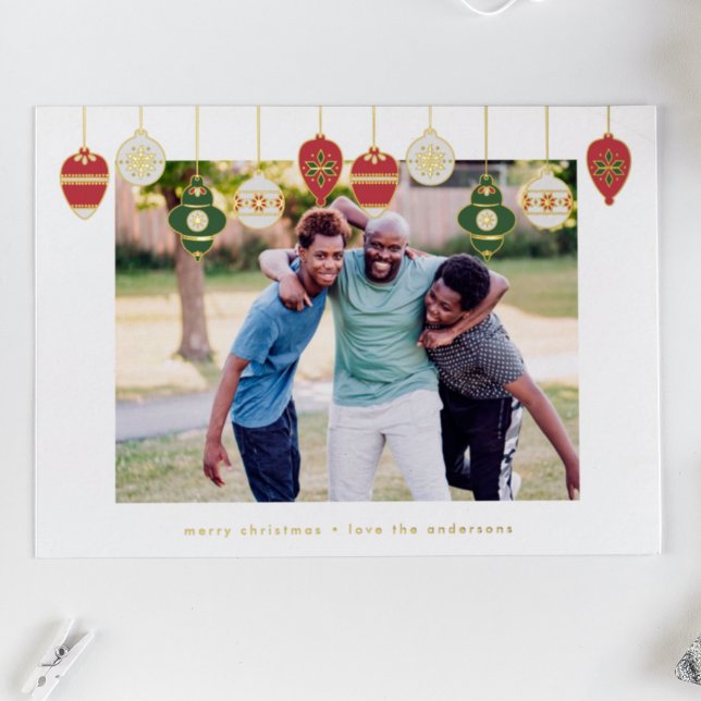 custom gold outlined ornaments red green photo foil holiday card (Creator Uploaded)