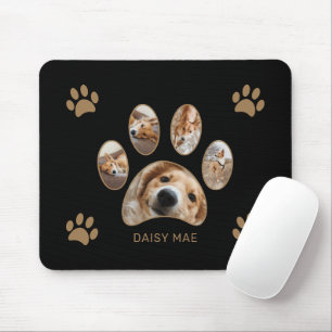 Custom Gold Paw Print Name Photo Collage Black Mouse Mat