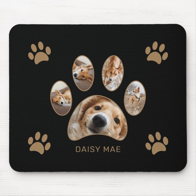 Custom Gold Paw Print Name Photo Collage Black Mouse Mat (Front)