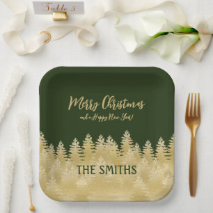 Custom Gold Pine Trees Christmas Paper Plate