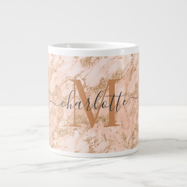 Custom Gold Pink Marble Glitter Monogram Name Large Coffee Mug (Front)