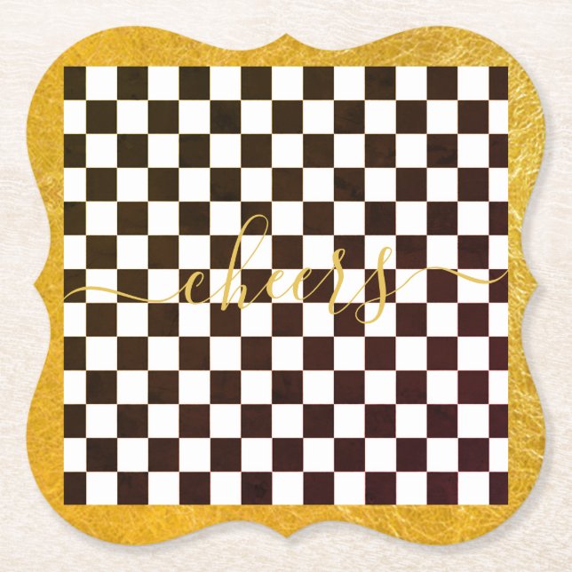 Custom Gold Porlien Courtly Check Home Decor Black Paper Coaster (Front)