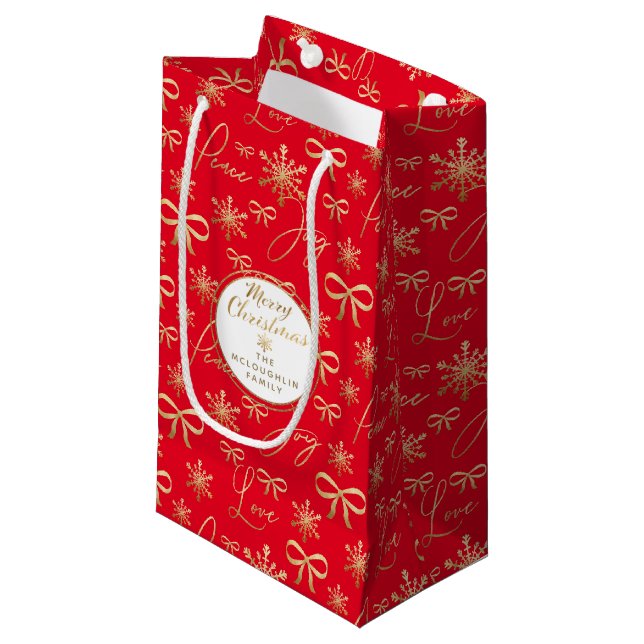 Custom Gold Red Joy Peace Love Snowflake Pattern Small Gift Bag (Front Angled)