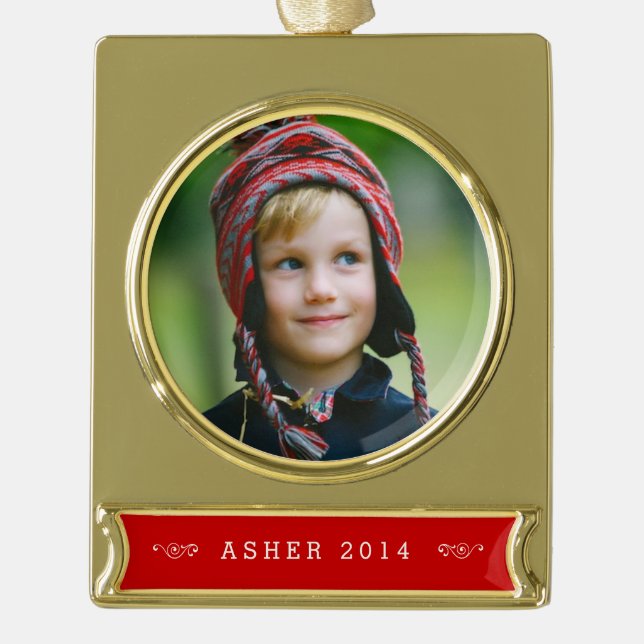 Custom Gold & Red Photo Ornament (Front)