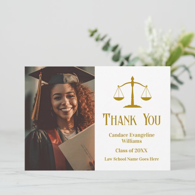 Custom Gold Scales of Justice Lawyer Photo Thank You Card (Standing Front)