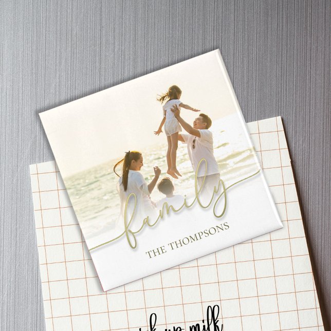 Custom Gold Script Family Photo Magnet (Simple gold calligraphy script photo magnet with gold stylish calligraphy. )