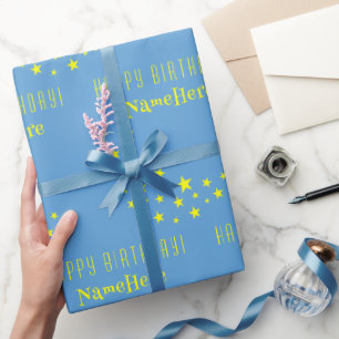 Custom Gold Stars and Moon Happy Birthday Blue Wrapping Paper
