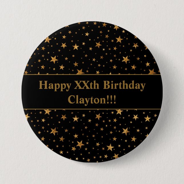 Custom Gold Stars With Message On Black Birthday 7.5 Cm Round Badge (Front)