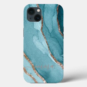 Custom Gold Teal Blue Marble Cell Phone 11 12 Max iPhone 13 Case