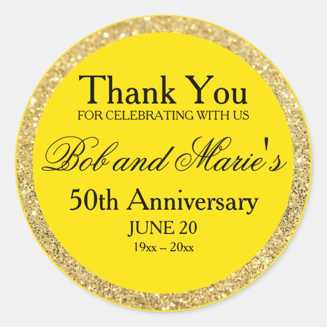 Custom Gold & Yellow 50th Anniversary Thank You Classic Round Sticker (Front)