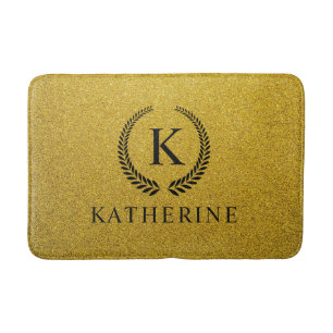 Custom Golden Black and Gold Glitter Monogram Bath Mat