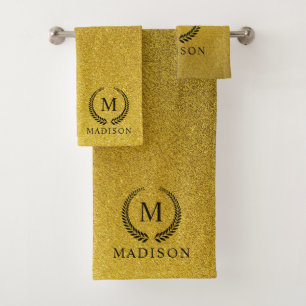 Custom Golden Black and Gold Glitter Monogram Bath Towel Set
