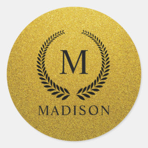 Custom Golden Black and Gold Glitter Monogram Classic Round Sticker