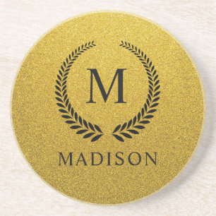 Custom Golden Black and Gold Glitter Monogram Coaster