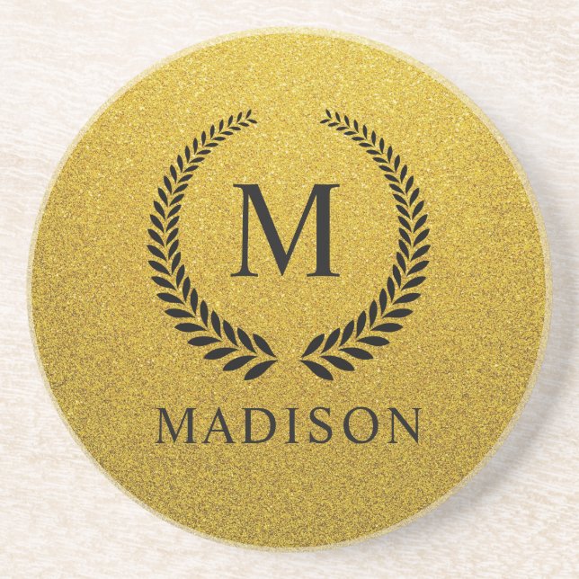 Custom Golden Black and Gold Glitter Monogram  Coaster (Front)