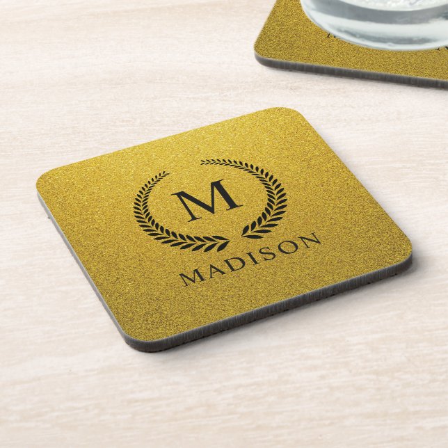 Custom Golden Black and Gold Glitter Monogram  Coaster (Left Side)