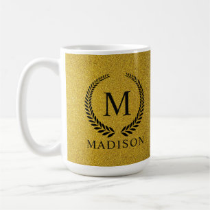 Custom Golden Black and Gold Glitter Monogram Coffee Mug